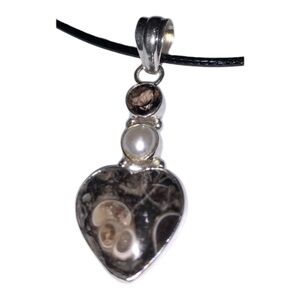 925 Sterling Silver Heart Peanut Wood Jasper Pendant with Pearl and Smoky Topaz